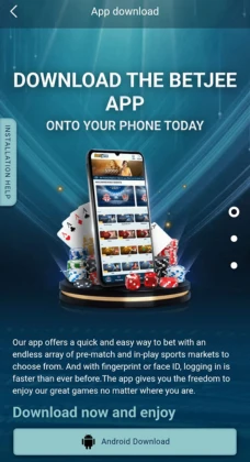 BETJee App Download Best (Online Earning Game) in 2025 2 BetJee app download screen showing a smartphone with casino elements like cards, chips, and dice promoting the Android download option.