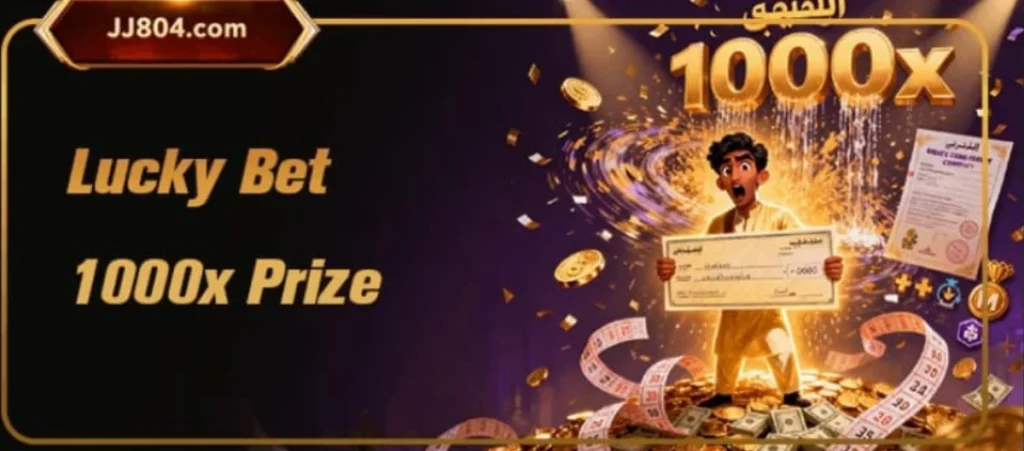 JJ804 Game Download Best (Online Earning APK) 2025 4 Animated man holding a winning cheque surrounded by gold coins, lottery tickets, and 1000x prize graphics.
