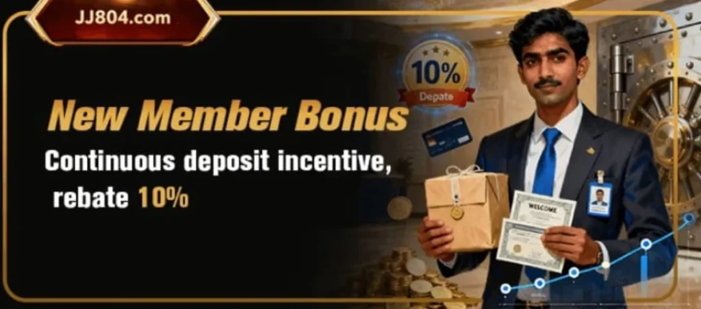 JJ804 Game Download Best (Online Earning APK) 2025 2 JJ804 Game new member bonus banner showing 10% deposit rebate offer with a man holding welcome gifts