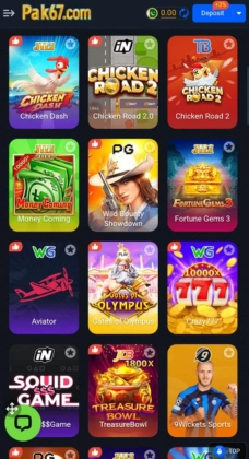 PAK67 Game Download Free Best Pakistani Earning App in 2025 2 PAK67 Game home screen showing popular online games like Chicken Road, Money Coming, Aviator, and Crazy 777