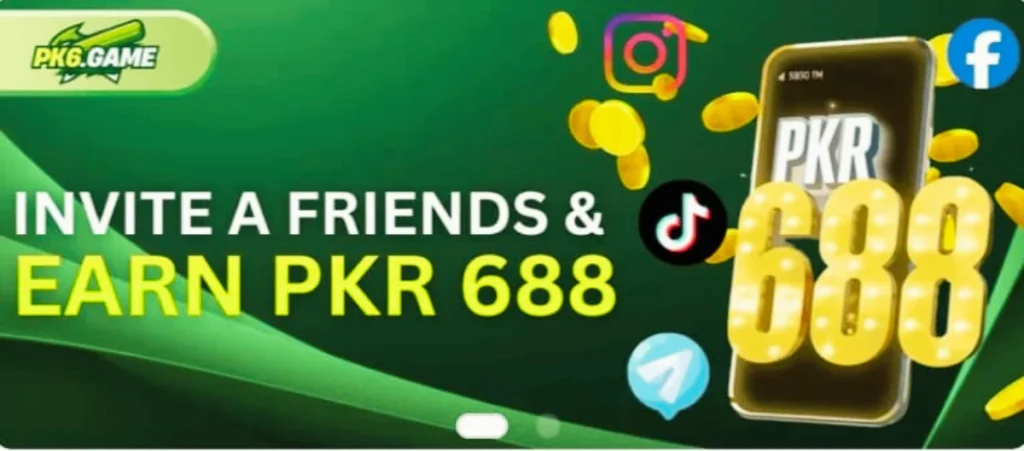 PK6 Game Download Best Online Earning Games in 2025 2 A promotional banner for PK6.Game showing the message “Invite a Friends & Earn PKR 688” with floating gold coins and social media icons including Instagram, TikTok, Facebook, and Telegram.
