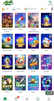PK6 Game Download Best Online Earning Games in 2025 3 A mobile game selection screen from PK6.Game showing multiple game icons including Crash, Limbo, Captain Golds Fortune, Tower, Keno, HILO, Double, Dice, and more.