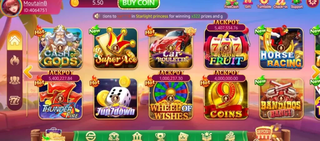 PK67 Game Download Best Pakistani Earning APK Latest Version in 2025 3 PK67 Game – Colorful in-game lobby showing top casino games like Cash of Gods, Super Ace, Car Roulette, and Classic Fruit.