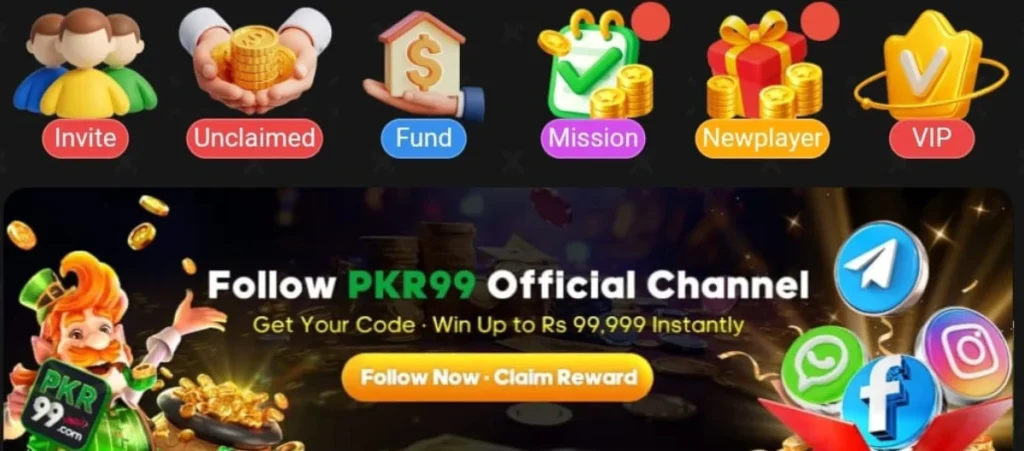 9win Game Download |Latest Earning App| in Pakistan 2026 3 PKR99 Game interface showing Invite, Unclaimed, Fund, Mission, New Player, VIP icons, and a banner promoting the PKR99 official channel with social media buttons.