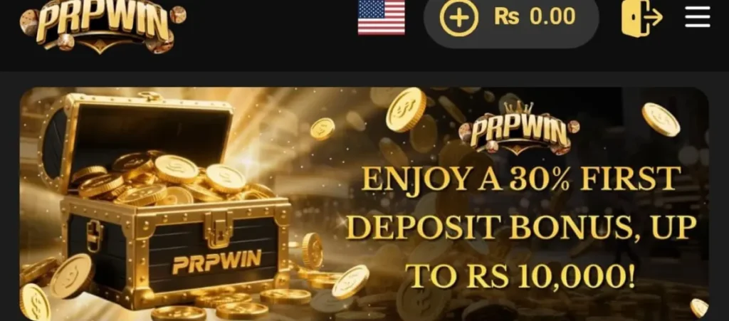 PRP WIN Game Download New Earning APK in 2025 5 A promotional banner for PRPWIN showing an open treasure chest filled with gold coins, with text offering a 30% first deposit bonus up to Rs 10,000.