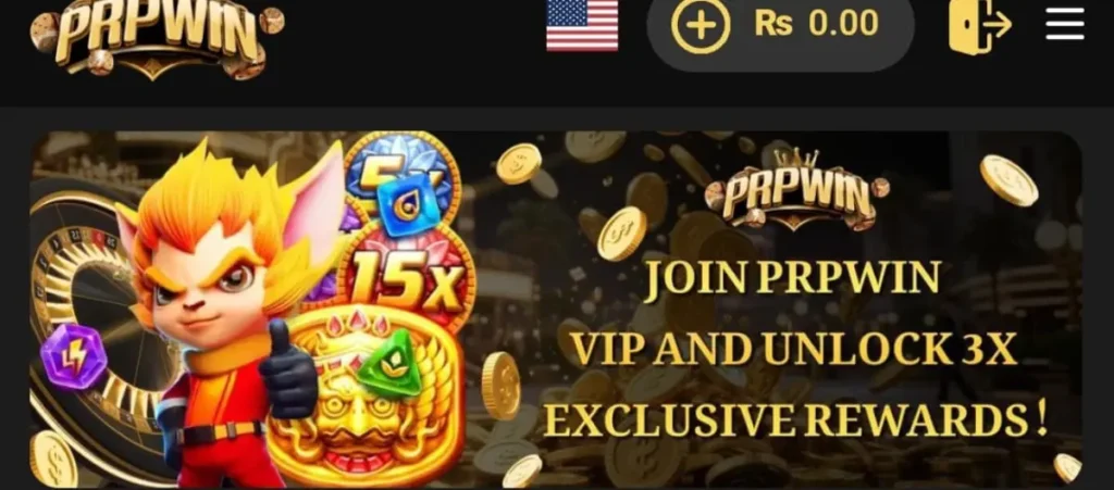 PRP WIN Game Download New Earning APK in 2025 4 A promotional banner for the PRPWIN gaming platform featuring a cartoon character giving a thumbs-up, slot icons displaying multipliers like 5x and 15x, and gold coins floating around. Text on the banner reads