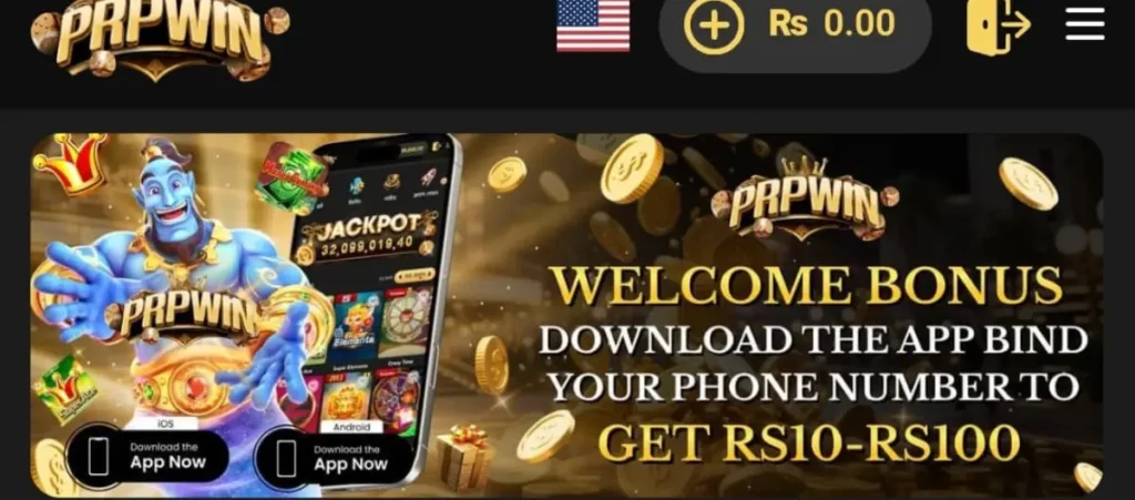 PRP WIN Game Download New Earning APK in 2025 3 PRPWIN welcome bonus banner showing a blue genie, a smartphone with jackpot games, and text offering Rs10–Rs100 for binding a phone number.