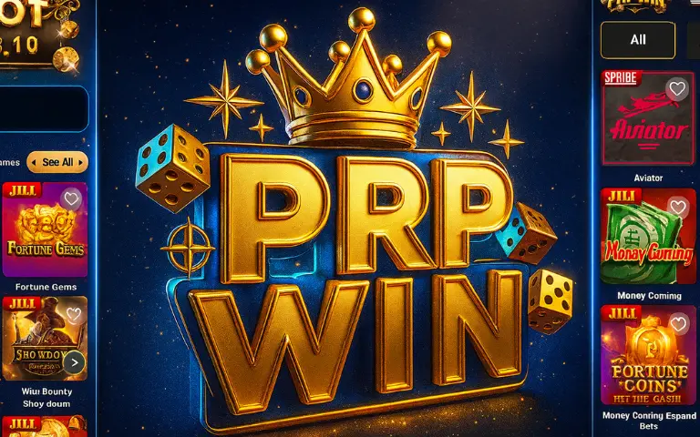 PRP WIN Game Download New Earning APK in 2025 2 Golden “PRP WIN” logo with a crown, dice, and sparkling stars on a dark blue casino-themed background.