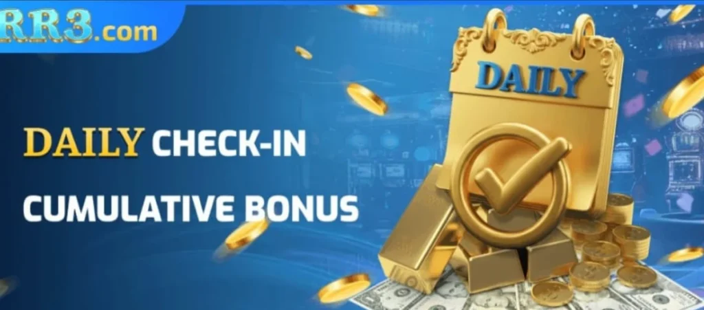 RR3 Game Download Best (Online Earning Game) in 2025 3 RR3.com Daily Check-In and Cumulative Bonus banner showing a golden calendar, check mark icon, gold bars, and coins.