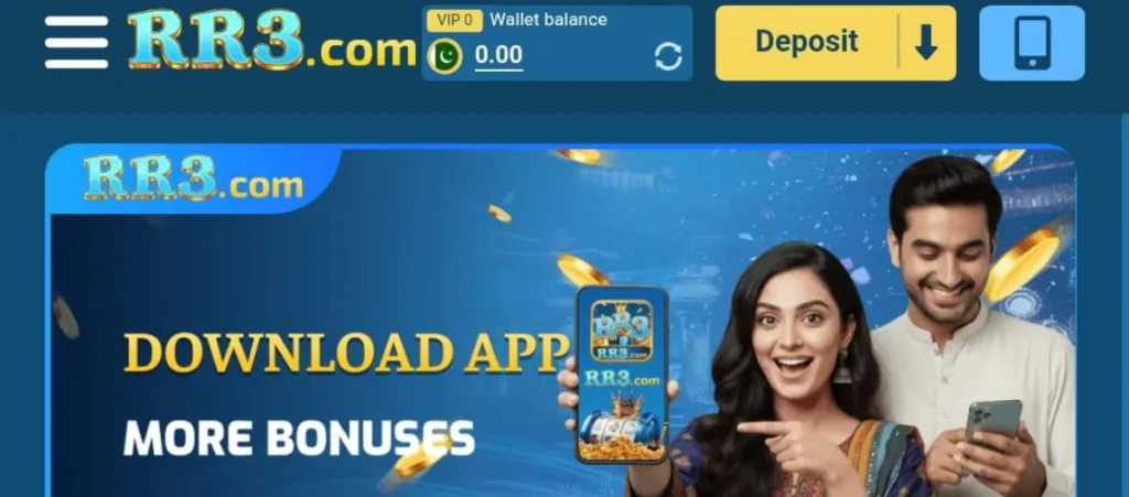RR3 Game Download Best (Online Earning Game) in 2025 4 "RR3.com app download banner showing a smiling woman holding a phone displaying the RR3 app, with a man using a smartphone beside her."