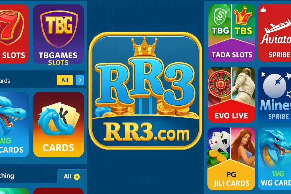 RR3 Game Download Best (Online Earning Game) in 2025 2 RR3.com gaming interface showing the RR3 logo in the center with multiple slot, card, and live game icons on both sides.