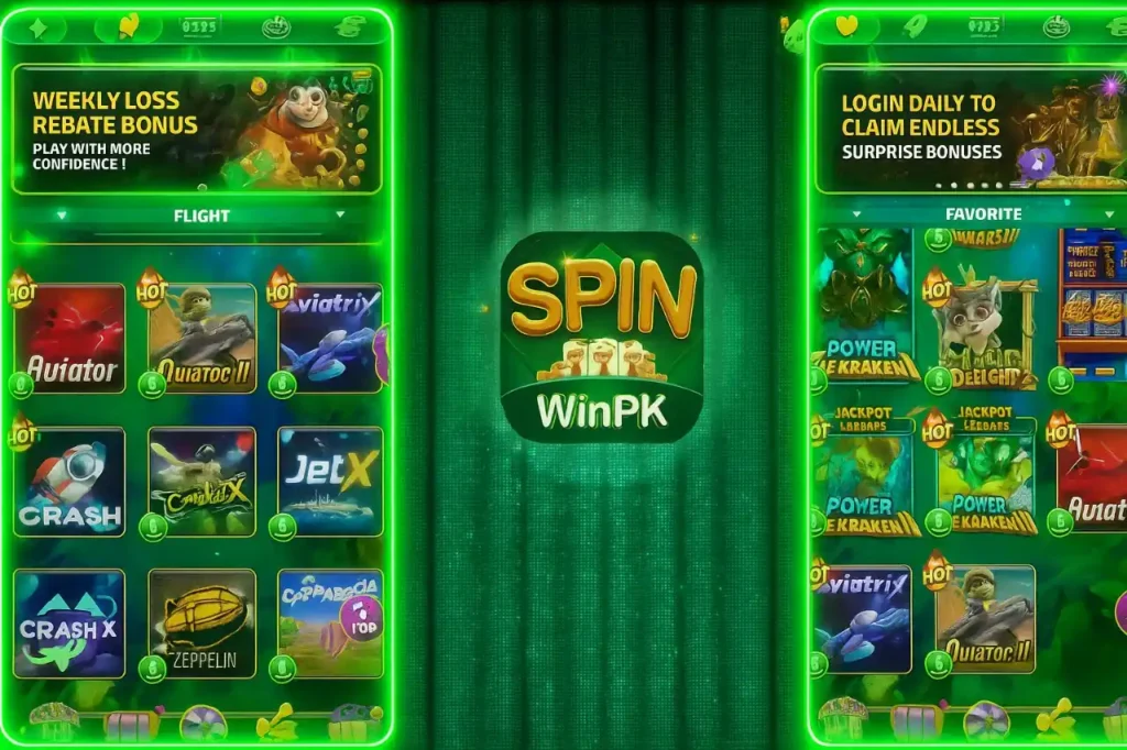 Spin Win PK Game: Download Best Earning App In 2025 2 Spin Win PK game interface showing various flight and favorite gaming categories with bright neon green UI and featured game icons.