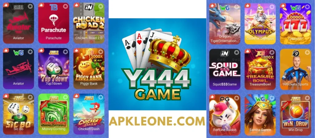 Y444 Game Download New (Official Earning App) in Pakistan 2 Y444 Game promotional banner featuring multiple game icons on both sides and the Y444 Game logo with a crown and playing cards in the center.