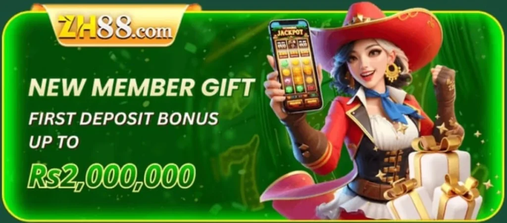 ZH88 Game Download Best Earning APK Latest Version in 2025 4 ZH88 Game new member bonus banner featuring a female cowboy character holding a jackpot mobile screen with Rs 2,000,000 offer.