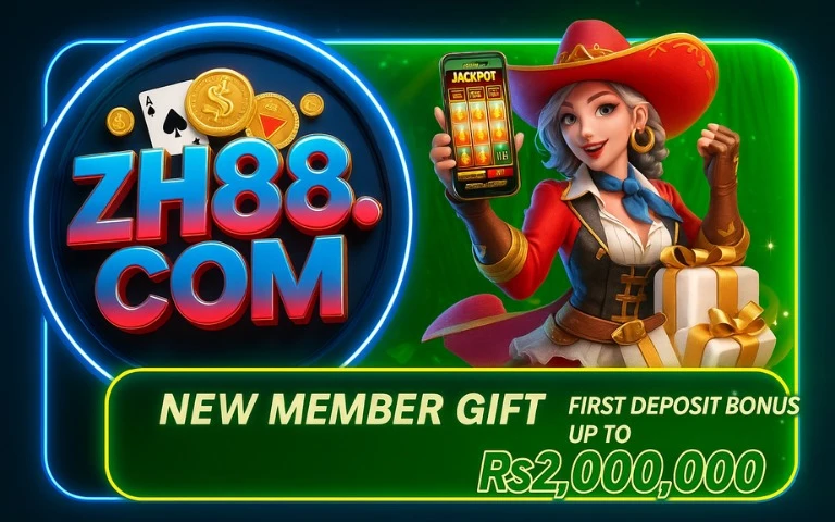 ZH88 Game Download Best Earning APK Latest Version in 2025 2 ZH88 Game promotional banner showing a cowboy-style female character holding a mobile jackpot screen with welcome bonus details.