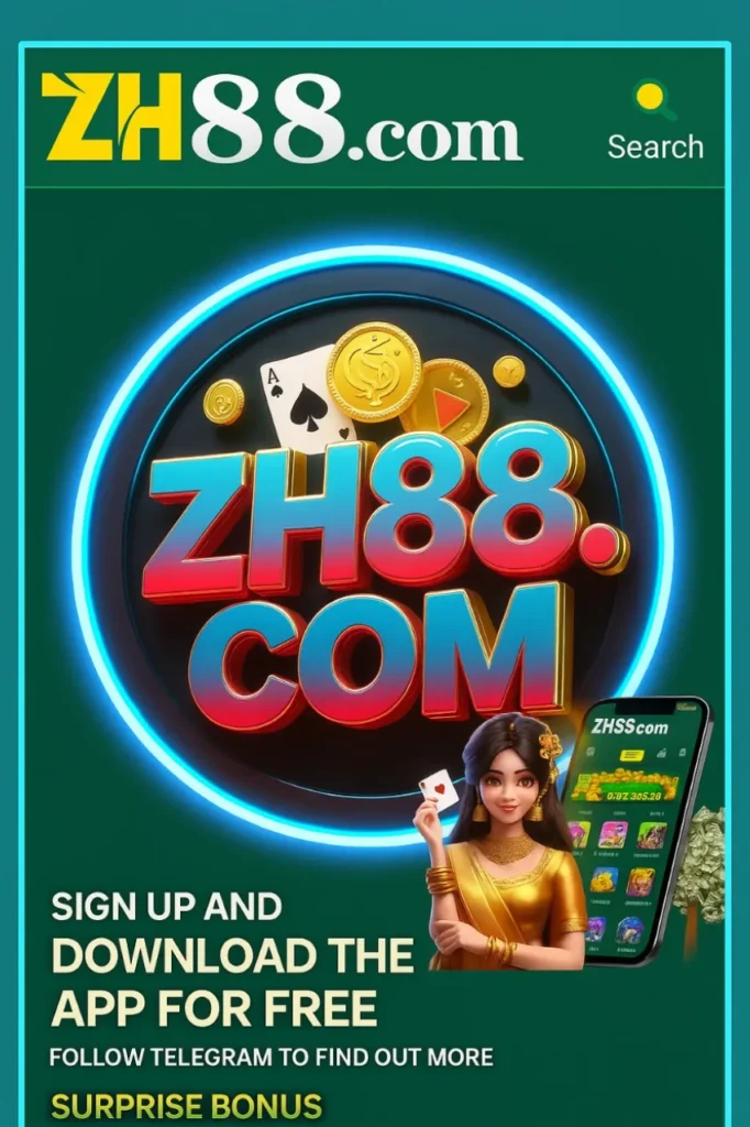 ZH88 Game Download Best Earning APK Latest Version in 2025 3 ZH88.com promotional banner featuring a glowing casino-style logo, playing cards, gold coins, and a female animated character holding a card beside a mobile app screen.
