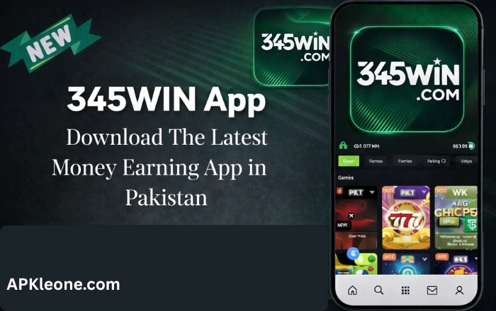 345WIN Game Download Best (New Earning Platform) in 2026 3 345WIN Game App banner showing latest money earning app in Pakistan with Android interface and APKleone.com branding.