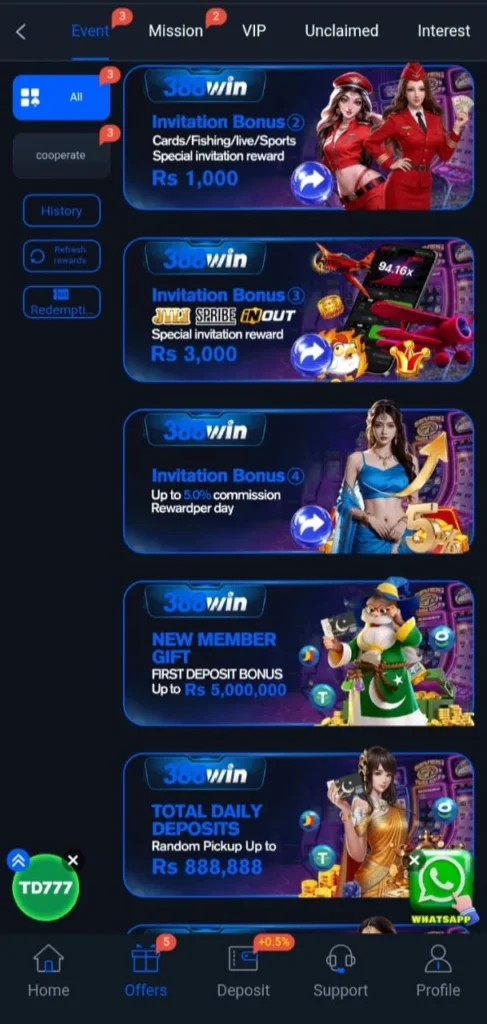 388win Game Download Earning APK |Latest Version V1.1.64| 3 388Win Game offers page showing invitation bonuses, new member gift, and daily deposit rewards inside the mobile app interface.