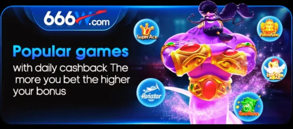666W Game Download Best Earning APK in Pakistan 2 666W Game popular games banner with daily cashback, purple genie character, and featured games like Aviator, Super Ace, and Chicken Road