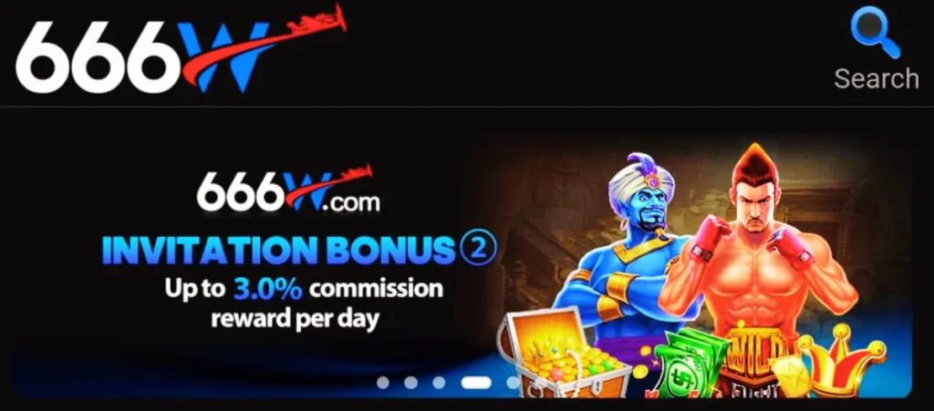 666W Game Download Best Earning APK in Pakistan 3 666W.com invitation bonus banner showing up to 3.0% daily commission with animated fighters and cash rewards