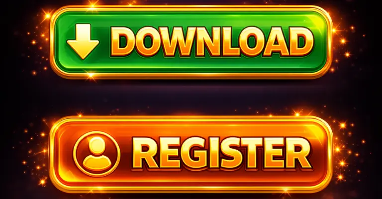 Funup777 Download Best (Real Earning Platform) in 2026 4 Download and Register buttons with glowing green and orange design, showing app download and user registration options.