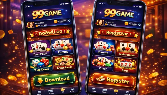 99 Game Download APK (Free Earning Platform) in 2026 4 99 Game mobile app showing download and register screens with popular casino games and golden theme
