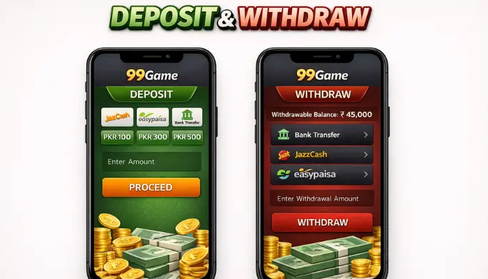 99 Game Download APK (Free Earning Platform) in 2026 6 99Game app deposit and withdraw screen showing JazzCash, Easypaisa, and bank transfer options with mobile interface and cash graphics.
