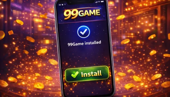 99 Game Download APK (Free Earning Platform) in 2026 5 99Game app install screen showing successful installation with green install button and golden coin background