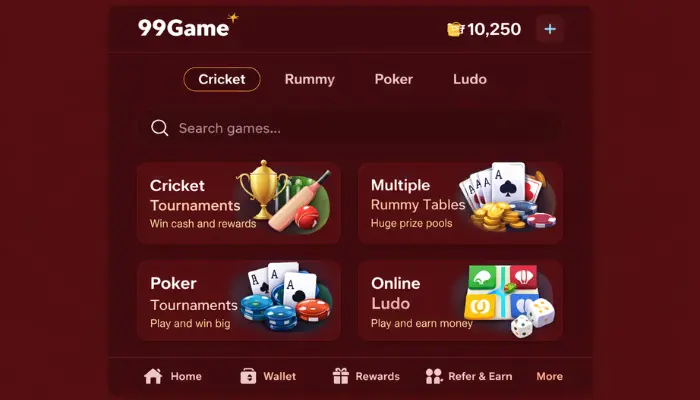 99 Game Download APK (Free Earning Platform) in 2026 3 99 Game mobile app interface with a dark red background showing cricket, rummy, poker, and ludo game options