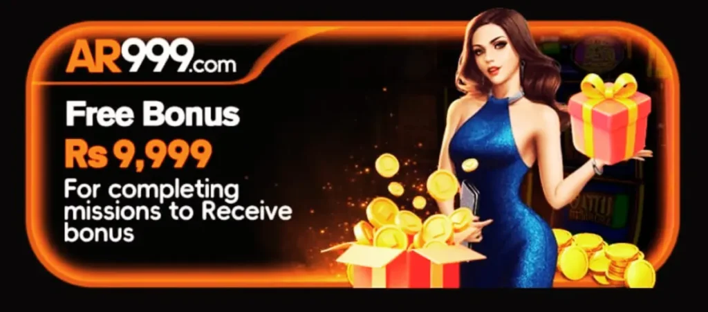 AR999 Game Download New Real Money Earning APK 2025 5 A promotional AR999 banner showing a woman in a blue dress holding a gift box, with gold coins popping out of another gift box. The banner highlights a free bonus of Rs 9,999 for completing missions.