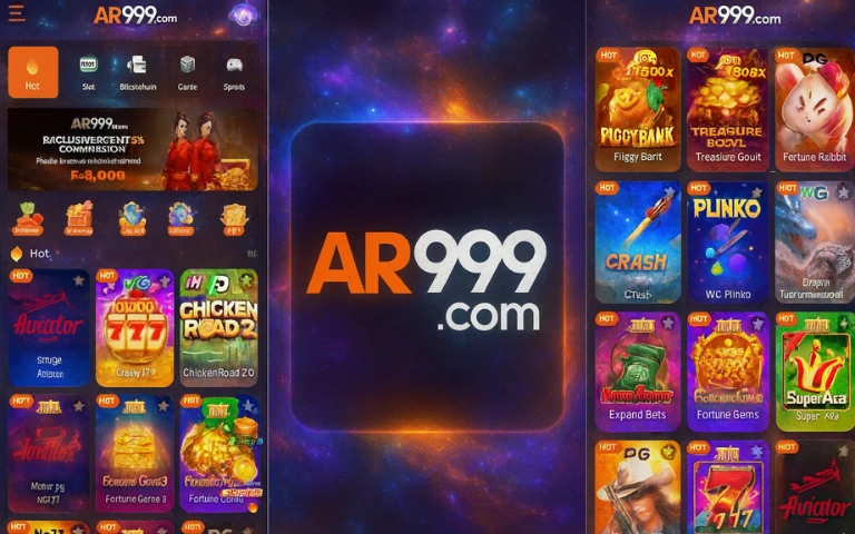AR999 Game Download New Real Money Earning APK 2025 2 AR999.com gaming interface featuring the logo in the center with colorful slot and casino game icons on both sides.