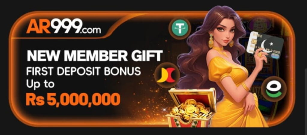 AR999 Game Download New Real Money Earning APK 2025 6 AR999 promotional banner offering a new member first deposit bonus up to Rs 5,000,000 with an illustrated woman holding bank cards