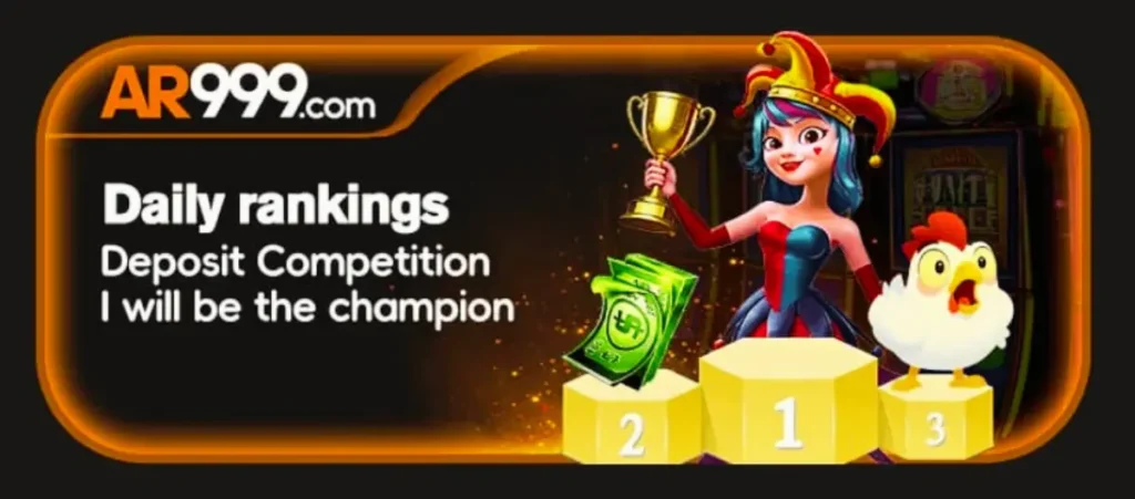 AR999 Game Download New Real Money Earning APK 2025 4 A promotional AR999 banner showing a cartoon girl in a jester outfit holding a trophy, standing on a ranking podium with cash and a cartoon chicken beside her. The text on the banner says “Daily rankings, Deposit Competition, I will be the champion