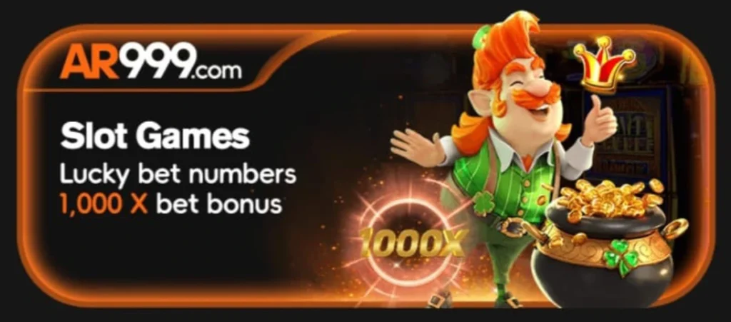 AR999 Game Download New Real Money Earning APK 2025 3 AR999.com slot games banner featuring a cheerful leprechaun, a pot of gold, and a 1000X bonus highlight.