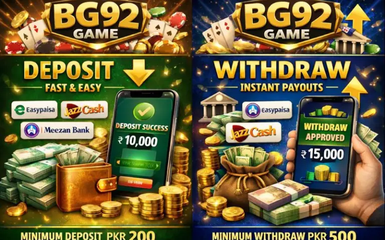 BG92 Game Download (Latest Earning APP) in Pakistan 2025 5 BG92 Game deposit and withdraw process showing fast deposits and instant withdrawals using Easypaisa, JazzCash, and Meezan Bank.