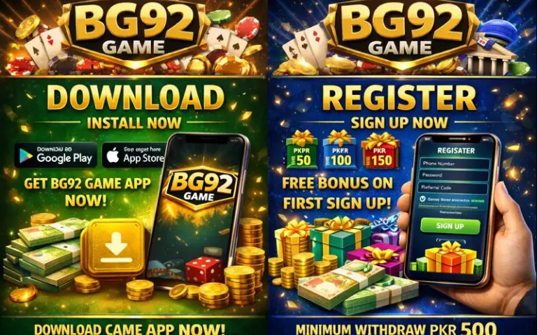 BG92 Game Download (Latest Earning APP) in Pakistan 2025 3 BG92 Game promotional banner showing download and register options, mobile app screens, casino chips, gold coins, gift boxes, and bonus offers on a dark green and blue background.
