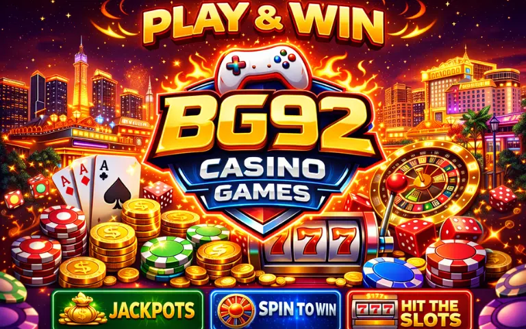 BG92 Game Download (Latest Earning APP) in Pakistan 2025 2 BG92 Casino Games promotional image showing “Play & Win” text, casino chips, cards, roulette wheel, slot machine, coins, and a glowing city skyline in a colorful gaming theme.