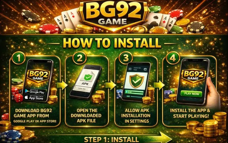 BG92 Game Download (Latest Earning APP) in Pakistan 2025 4 BG92 Game installation guide showing step-by-step process to download, allow APK permissions, install the app, and start playing on mobile.