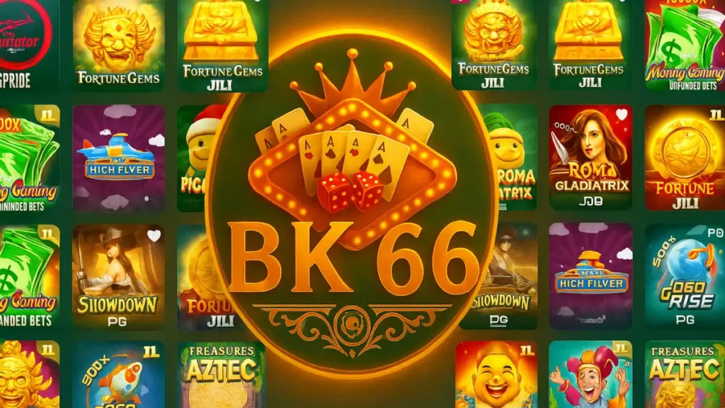 BK66 Game Download Best Earning APK For Pakistani Users 2 BK66 Game online earning app banner featuring a glowing golden BK66 logo with playing cards and dice, surrounded by colorful money-making game icons like Fortune Gems, Piggy Bank, High Flyer, Roma Gladiatrix, and Treasures of Aztec.