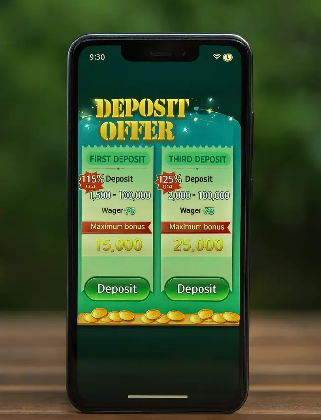 Bet629 Game Download (Best Earning App) In 2026 5 A smartphone screen displaying a Bet629 deposit offer with details for first and third deposit bonuses, including percentages, limits, and maximum bonus amounts.