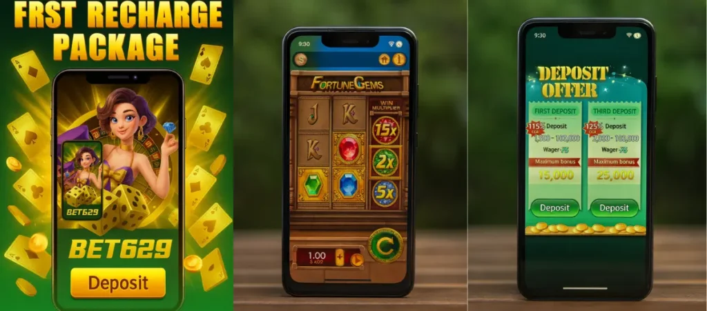 Bet629 Game Download (Best Earning App) In 2026 2 Three mobile screens displaying BET629 promotional graphics, including a first recharge package, a slot game interface, and a deposit offer with bonus details.
