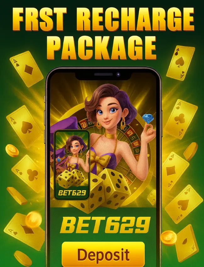 Bet629 Game Download (Best Earning App) In 2026 4 Promotional image showing a Bet629 first recharge package with a female game character, dice, cards, and a deposit button on a mobile screen.