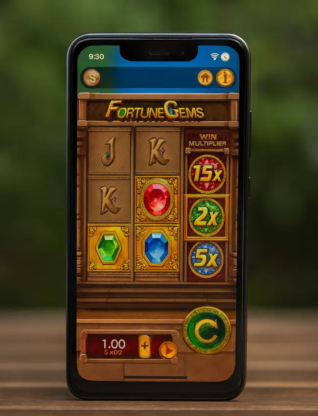 Bet629 Game Download (Best Earning App) In 2026 3 A smartphone displaying a slot-style mobile game called Fortune Gems with colorful gem symbols and multipliers on the screen.