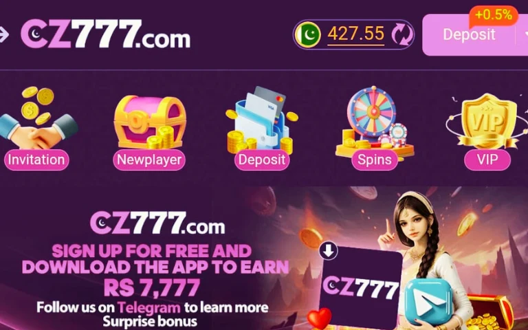 CZ777 Game Download Top (Online Earning APK) in 2025 2 CZ777 Game, is an online earning app interface showing deposit, spins, VIP rewards and signup bonus of Rs 7,777