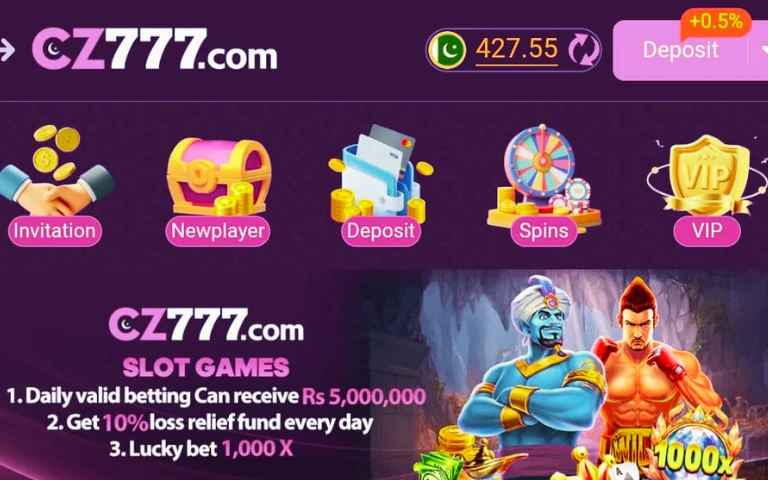 CZ777 Game Download Top (Online Earning APK) in 2025 3 CZ777 Game App interface showing invitation, new player bonus, deposit, spins, VIP and daily betting rewards up to Rs 5,000,000