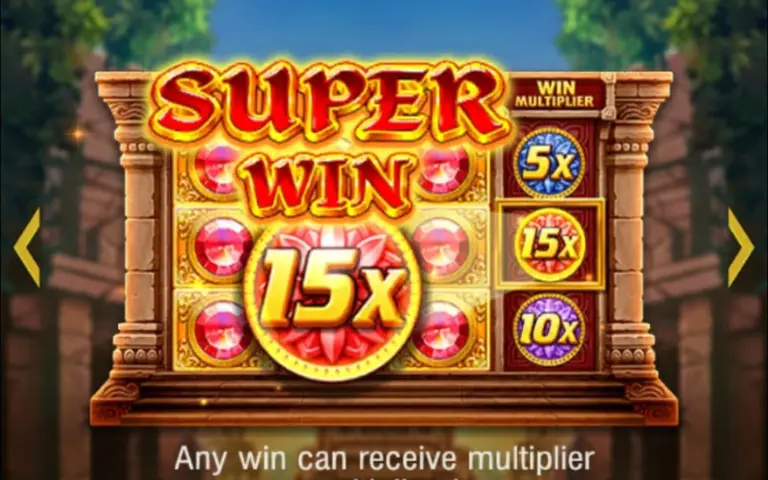 DK11 Game Download Best (Real Earning App) in 2025 4 Super Win 15x multiplier game screen showing colorful gems, win multiplier options (5x, 10x, 15x), and a golden slot-style design.