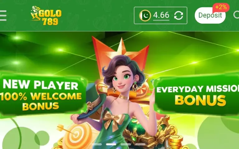 Golo789 Game Download Best (Real Earning APK) in 2025 4 A colorful promotional banner for the Golo789 gaming platform, featuring a female animated character holding a mobile phone with bright green and gold bonus offer graphics