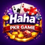 HAHA PKR Game (Latest Real Earning App) Free Download 2025 1 Haha PKR Game logo with white bold text on a purple background, featuring playing cards, casino chips, gold coins, and a red dice.