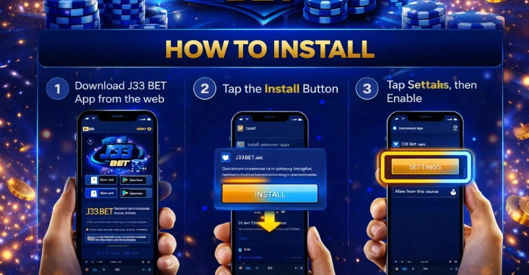 J33Bet Game Download Best (New Earning APK) 2025 3 J33Bet game installation steps showing download, install button, and enabling settings on mobile phone