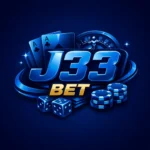 J33Bet Game Download Best (New Earning APK) 2025 1 J33Bet online casino logo featuring playing cards, dice, and poker chips on a blue gaming background.